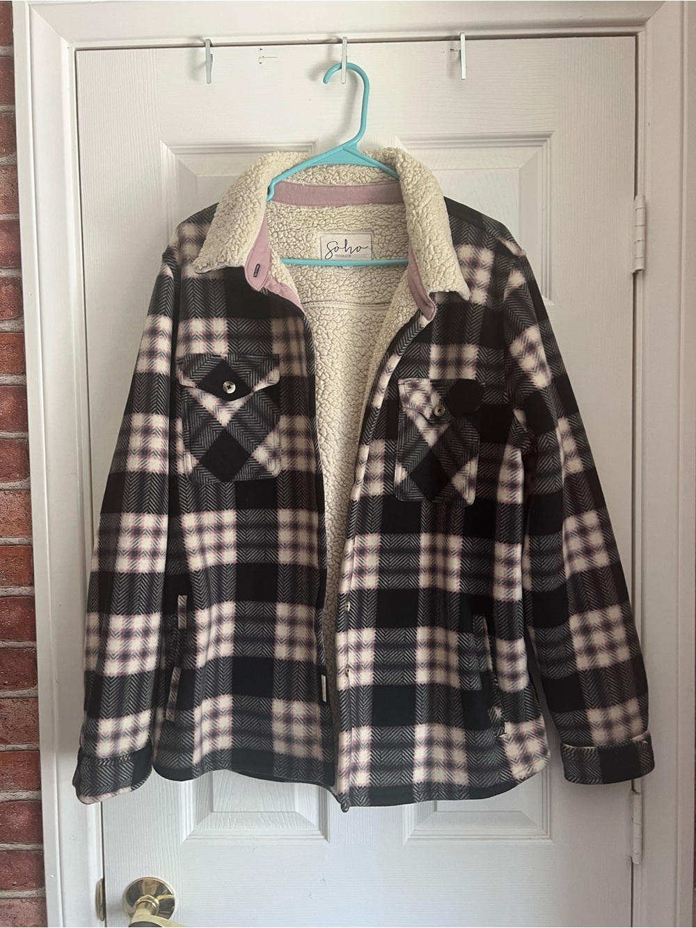 Soho Black and Pink Plaid Sherpa-Lined Puffer Jacket